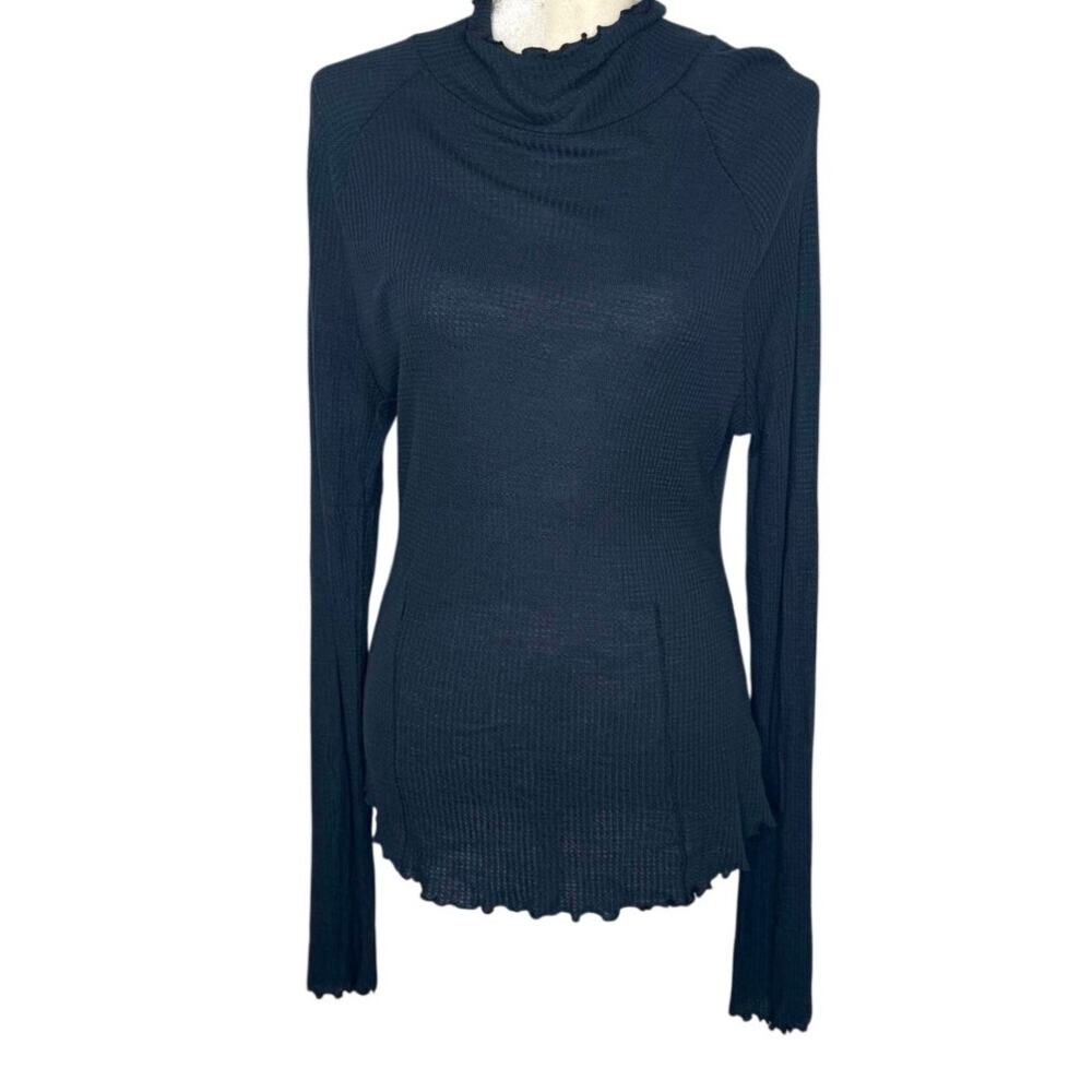 INTIMETELY FREE PEOPLE Womens XL Make It Easy Thermal Top Lettuce Trim Navy Blue